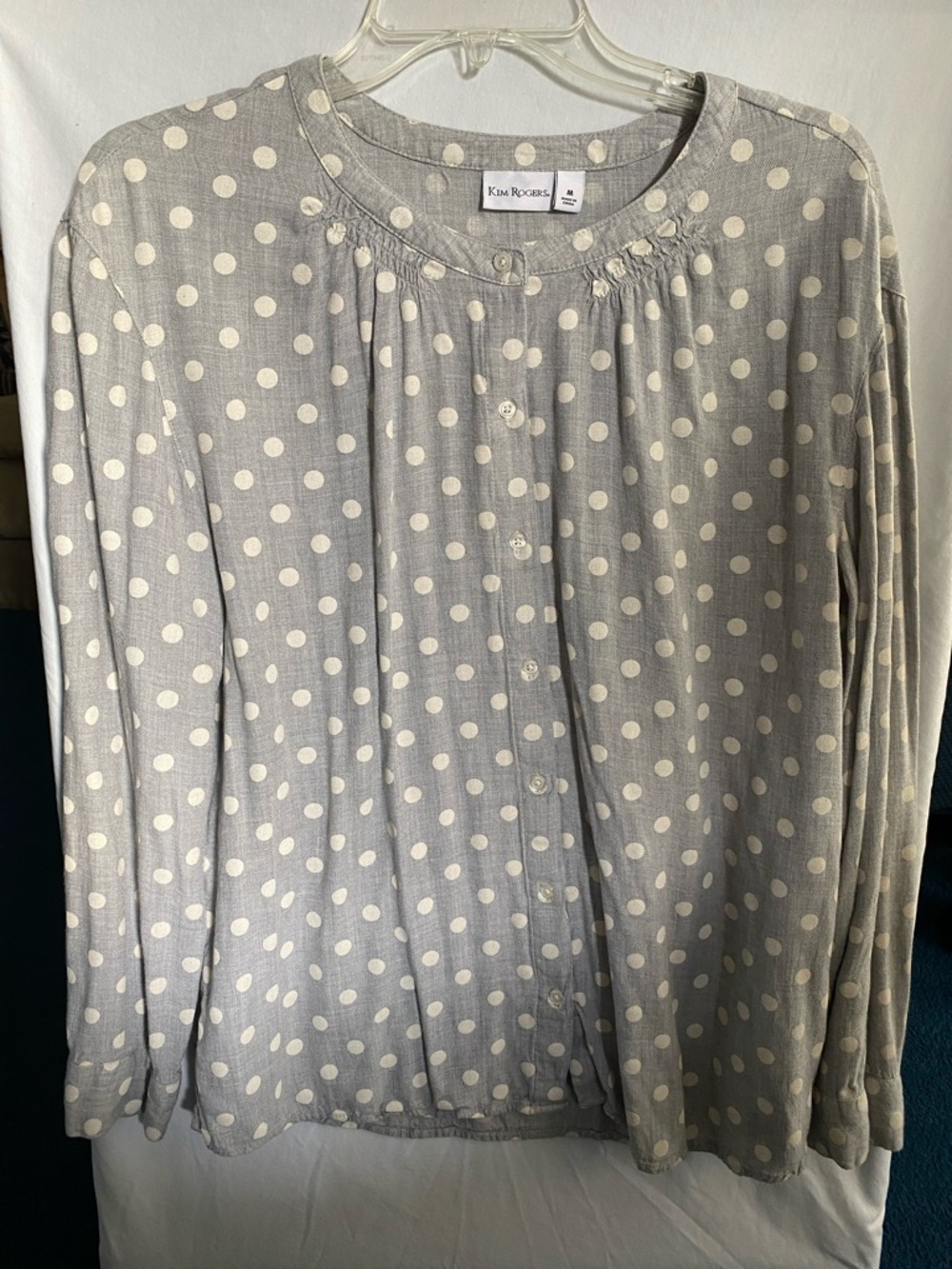 Kim Rogers Gray & White Polka Dot Button‑Up Blouse Long Sleeve – Size Medium